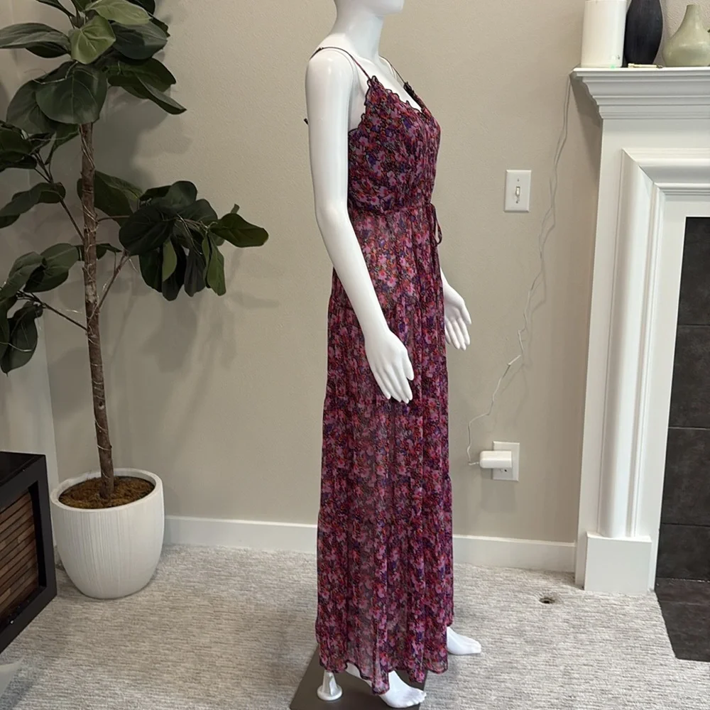 Lulus Sheer Floral Slipdress Size Small Button Front Tiered Ruffle Maxi Dress - Picture 6 of 15